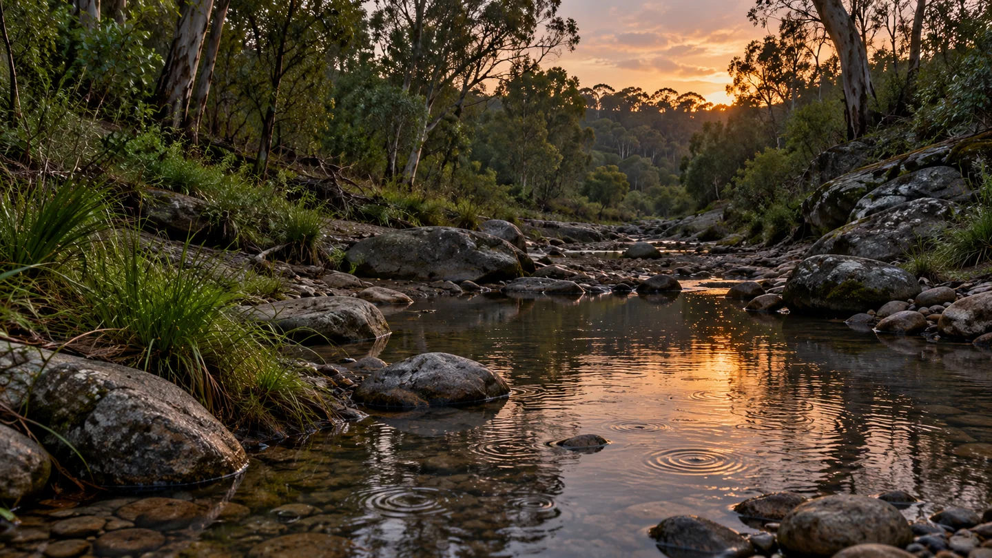 A shallow Australian creek, with smooth stones and small rain ripples in the remaining pools.
