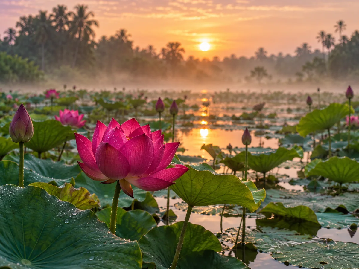 AI-generated illustration of a magenta lotus among green pond leaves in warm sunlight.