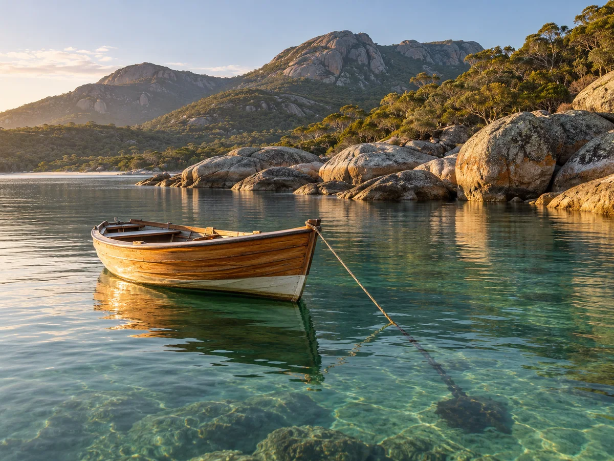 A small wooden boat rests securely on calm water in soft morning light.