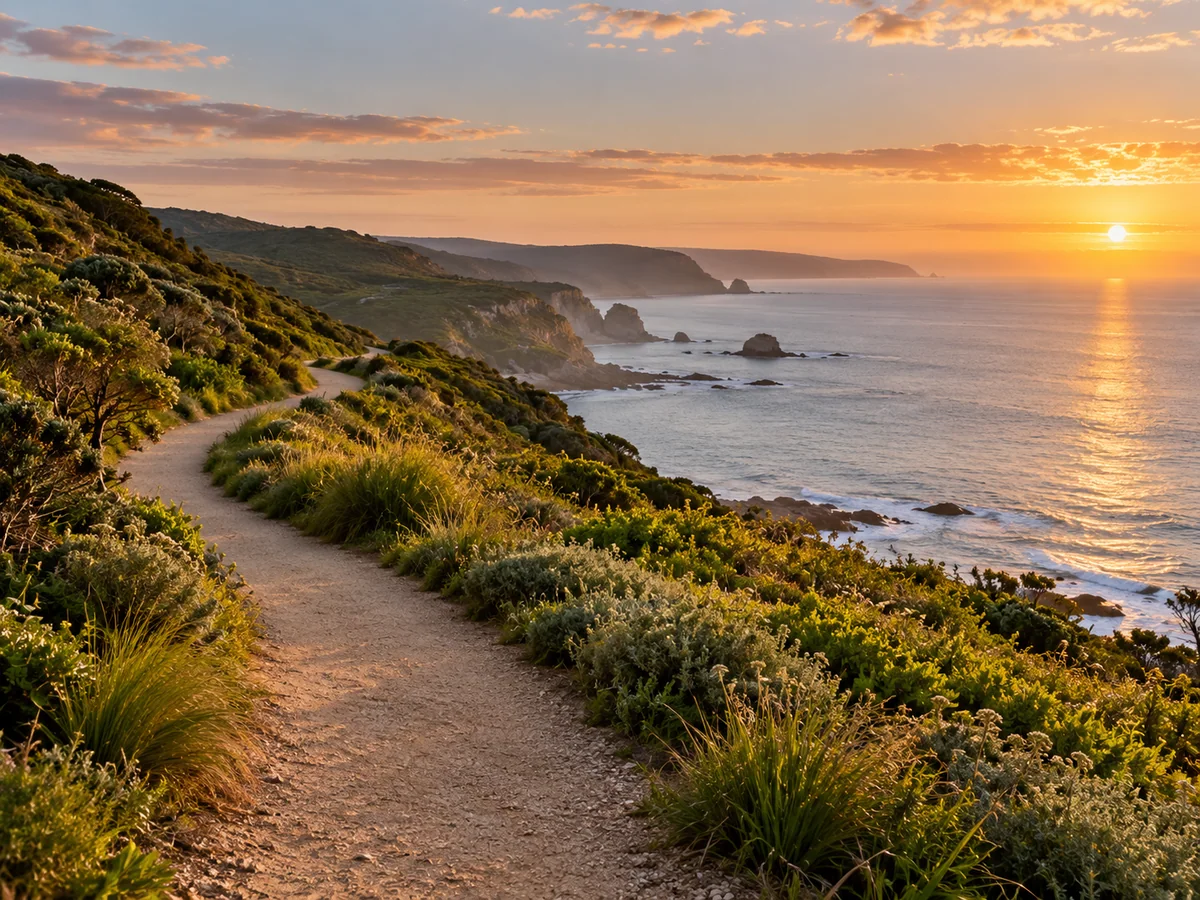 An inviting coastal path winds through Australian greenery towards open water.