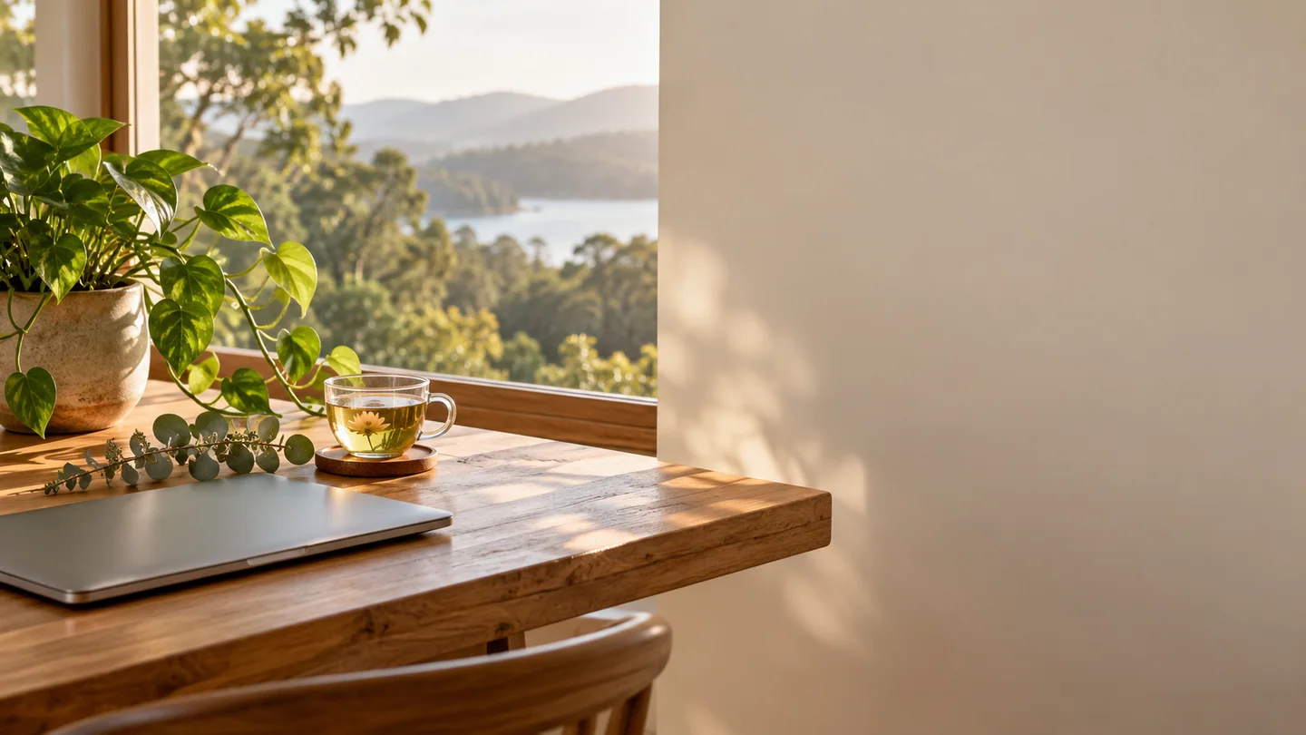 A closed laptop, a glass cup of tea and green plants on a quiet desk, with open space to the right.