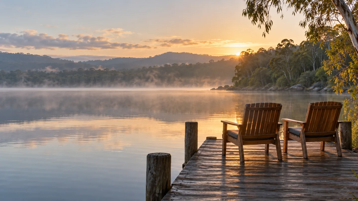 Two empty chairs beside a still lake invite a quiet conversation.