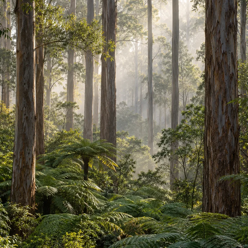 A quiet green forest, with a soft path of morning light.