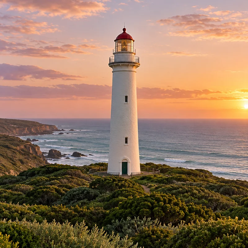 A lighthouse on a green headland in clear, gentle light.