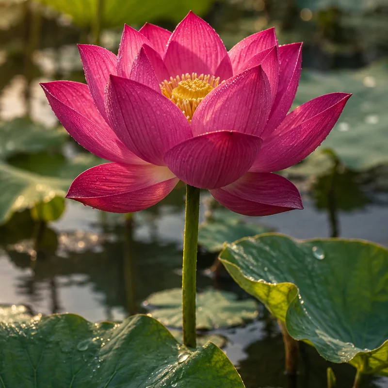An intimate view of a deep magenta lotus opening above still water.