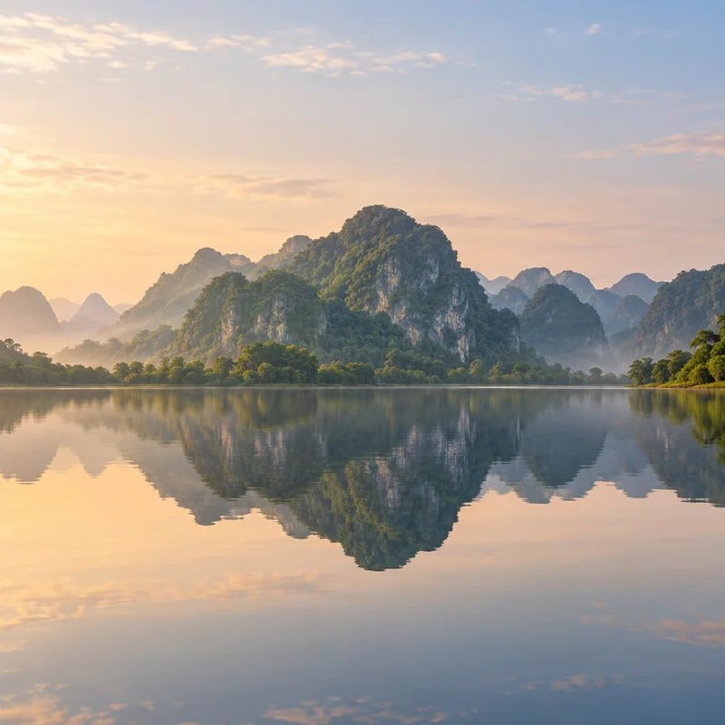 Green limestone peaks reflected in still water.