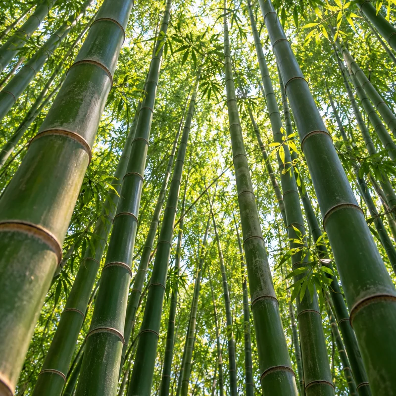 A group of green bamboo stems standing together in warm natural light.