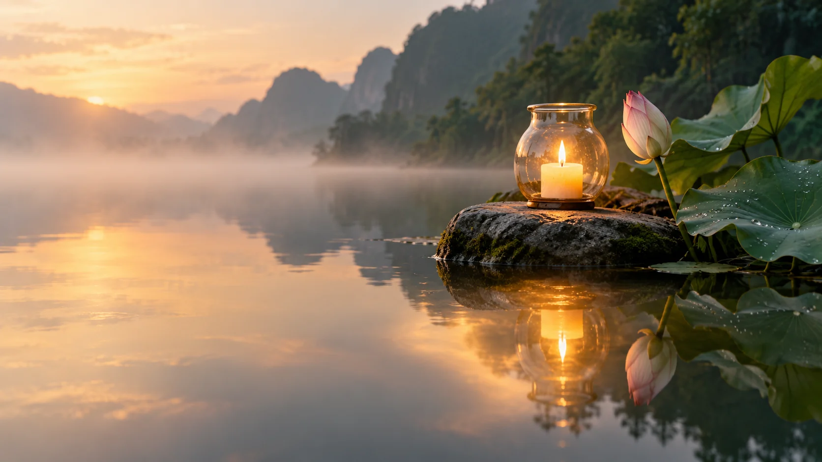 A candle glowing in a glass lamp on a stone beside still water at sunrise, with a lotus bud and misty mountains.