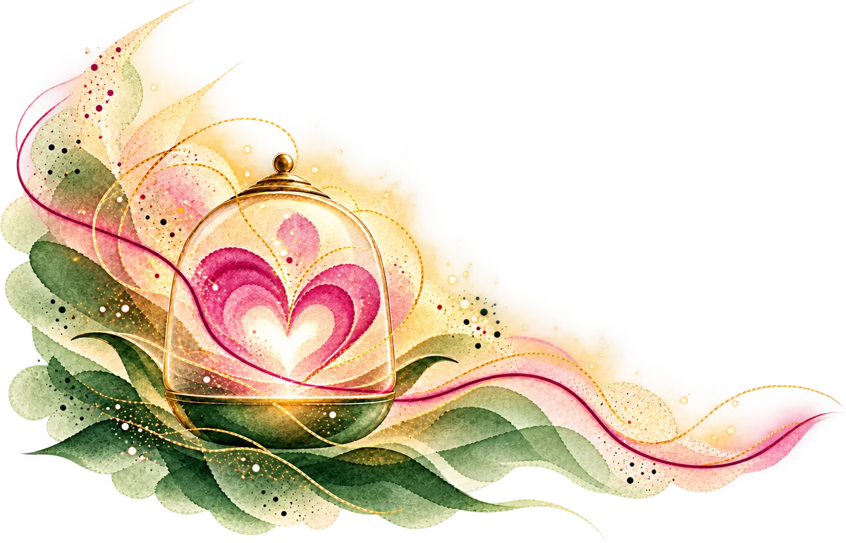 Illustration of a glass lamp holding a glowing heart, resting among lotus leaves in soft green, magenta and gold.