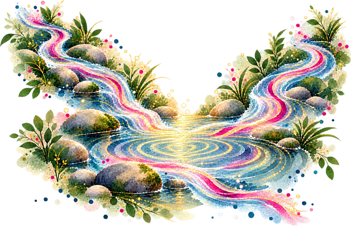 Watercolour illustration of two streams meeting in a calm, replenished pool, with berry-magenta currents and warm golden light where they join.