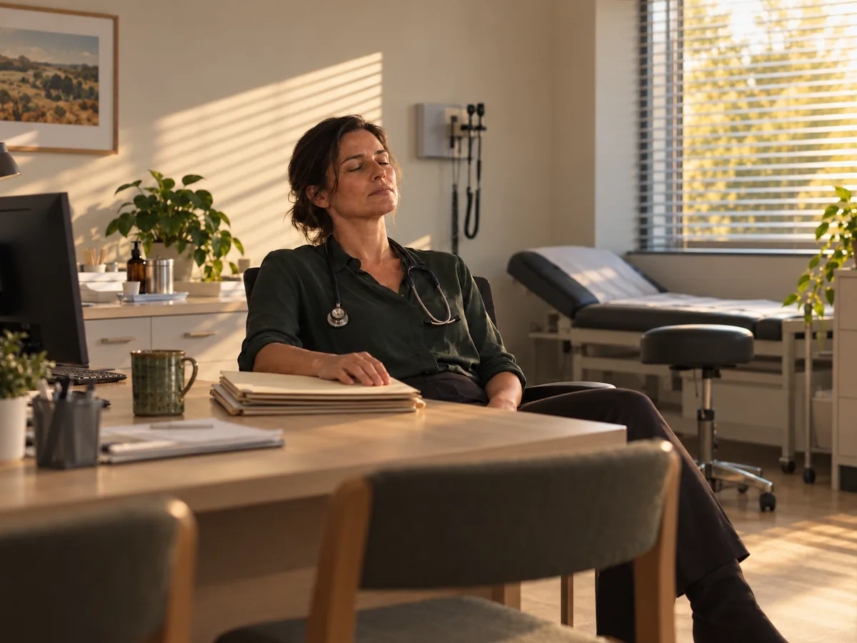 A female GP leans back in her chair in a quiet consulting room, eyes closed, one hand resting on a stack of patient files, as late sun comes through the blinds.